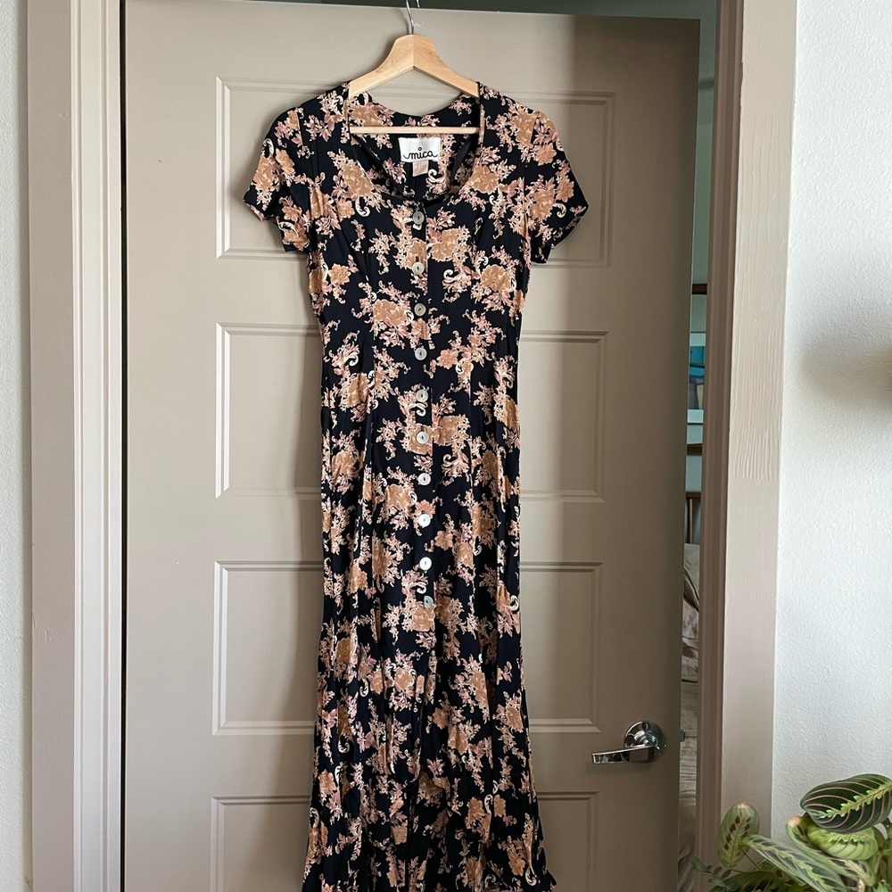 Vintage Mica 90s Rayon Button Midi Dress